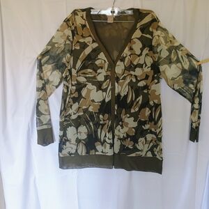 Chico's Olive Green Mesh Top Longsleeve Plus Size 2 Womans Botton Up